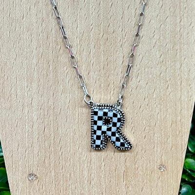 Black and White Checkered Initial Necklace Shabby Chic Boutique and Tanning Salon R