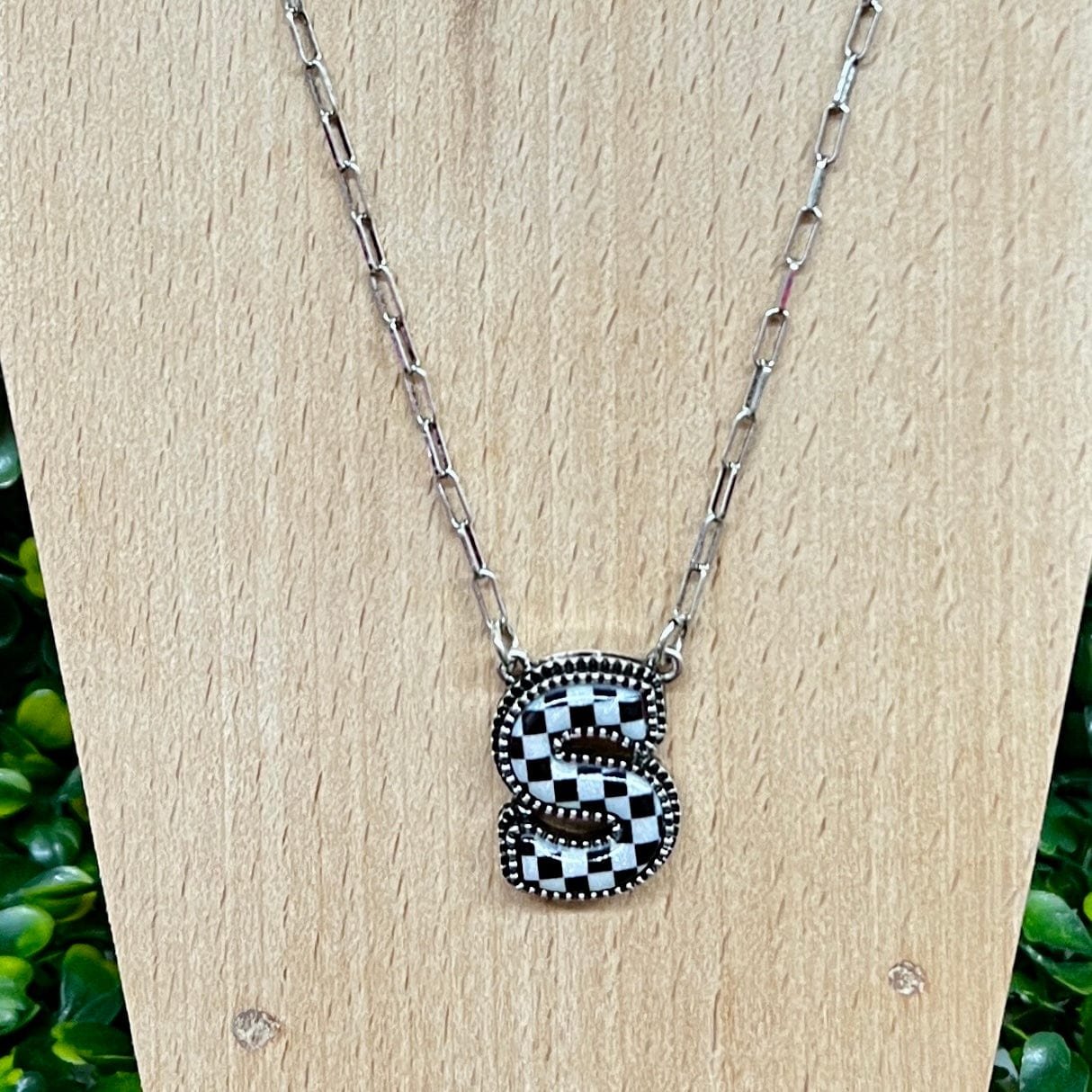 Black and White Checkered Initial Necklace Shabby Chic Boutique and Tanning Salon S