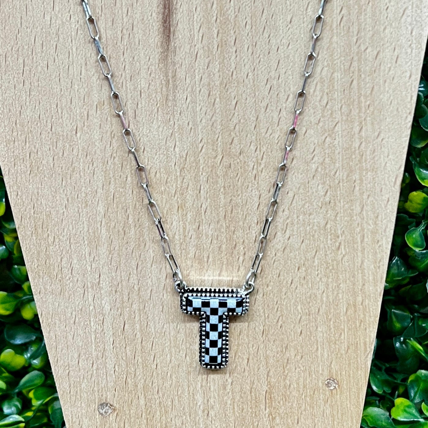 Black and White Checkered Initial Necklace Shabby Chic Boutique and Tanning Salon T
