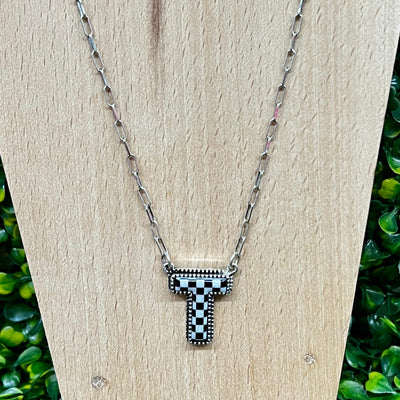 Black and White Checkered Initial Necklace Shabby Chic Boutique and Tanning Salon T