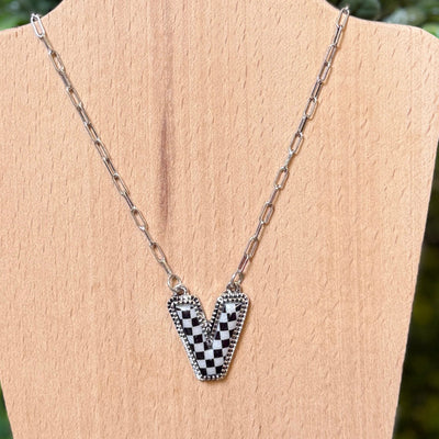 Black and White Checkered Initial Necklace Shabby Chic Boutique and Tanning Salon V