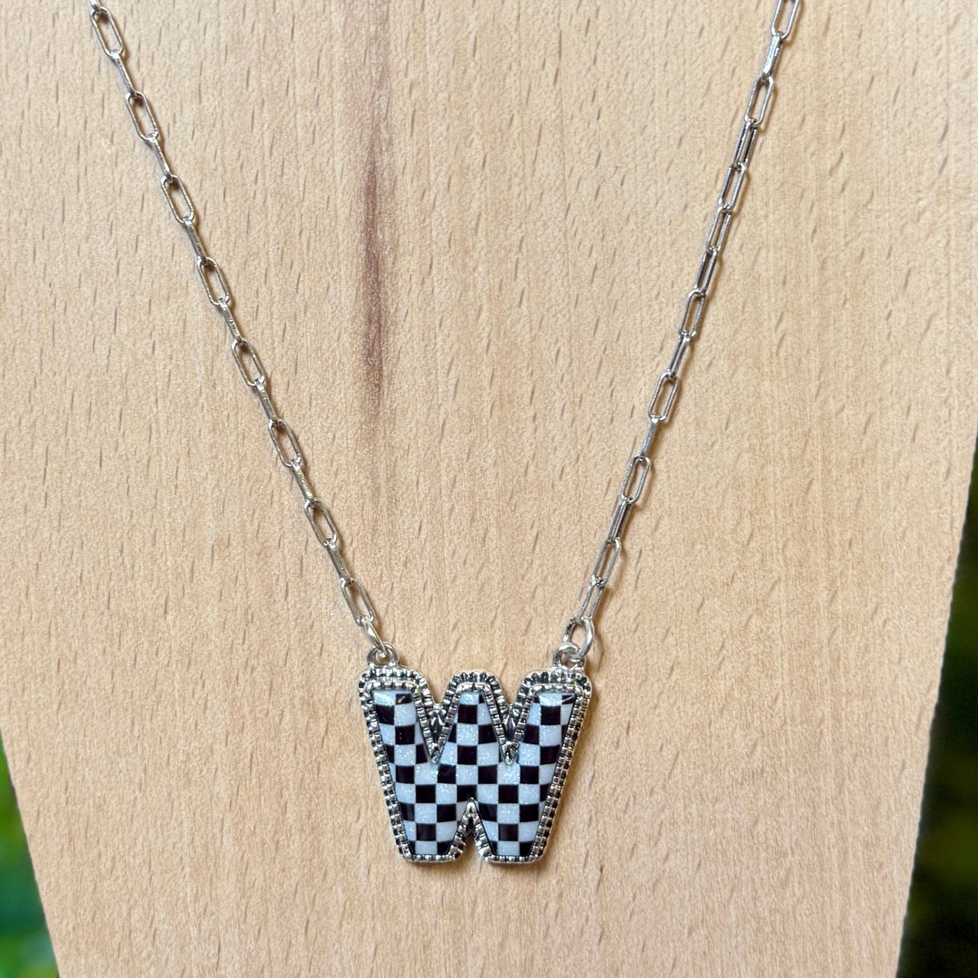 Black and White Checkered Initial Necklace Shabby Chic Boutique and Tanning Salon W