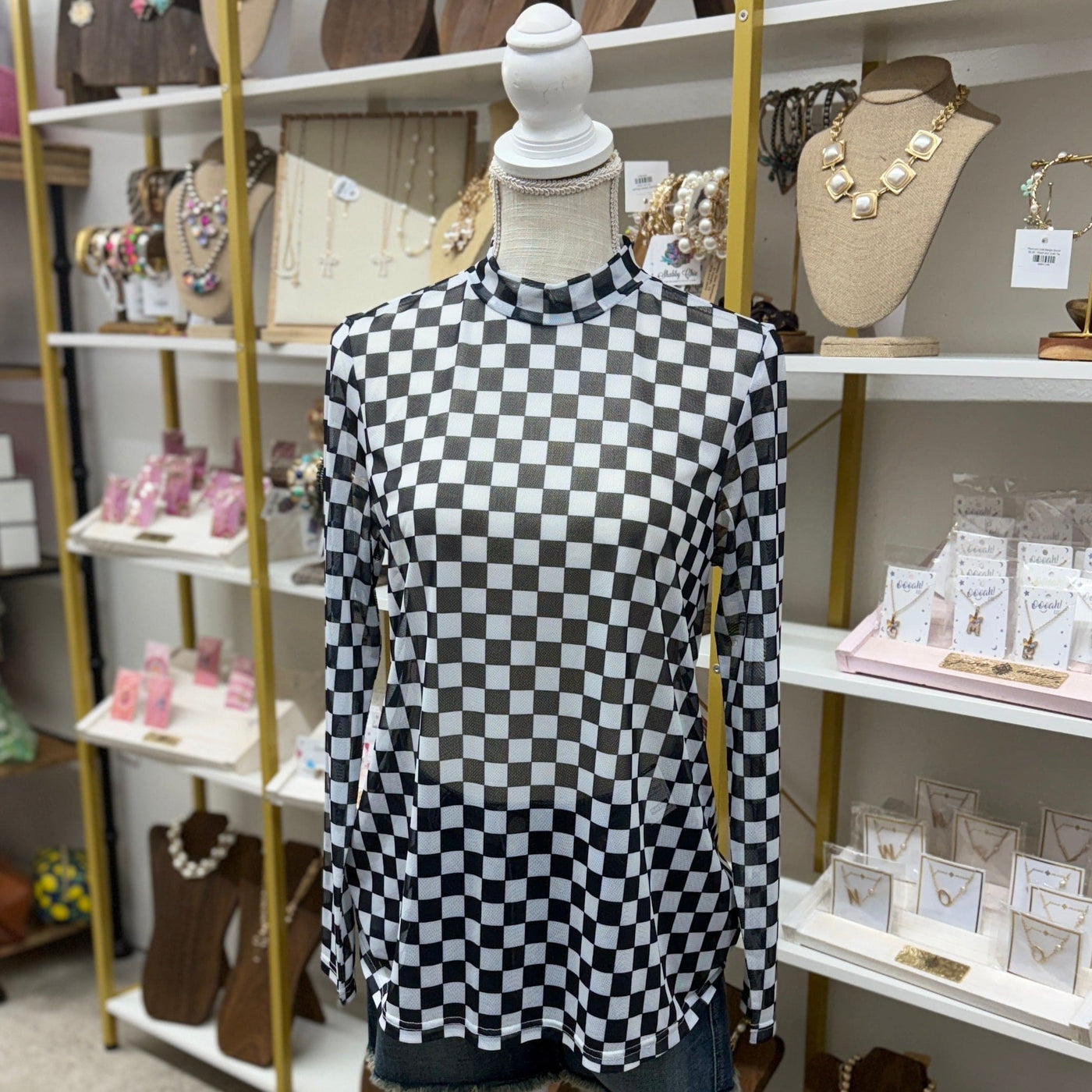 Black and White Checkered Mesh Top Shabby Chic Boutique and Tanning Salon