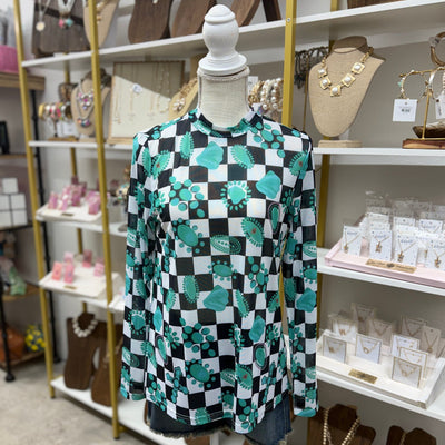 Black and White Checkered With Turquoise Mesh Top Shabby Chic Boutique and Tanning Salon