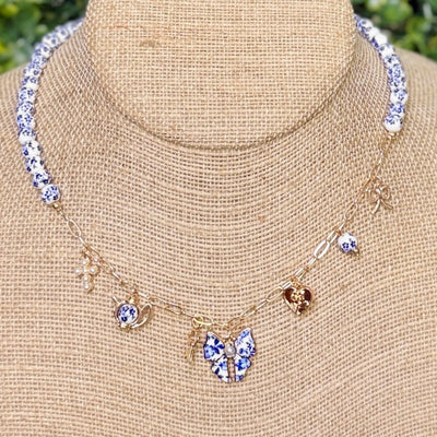 Blue White Floral Bead Charm Necklace Shabby Chic Boutique and Tanning Salon