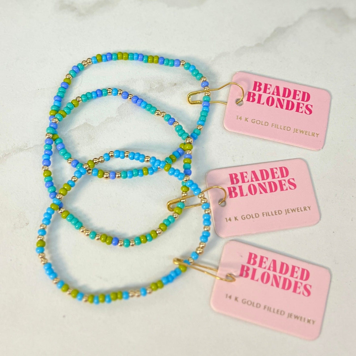 Blues and Greens Sprinkle Beaded Bracelet: Standard 6.75 inch Beaded Blondes