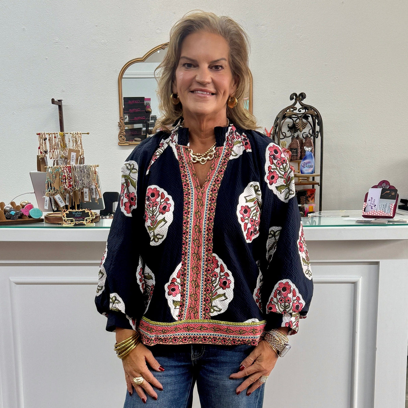 Boho Floral Print Tunic Top Shabby Chic Boutique and Tanning Salon