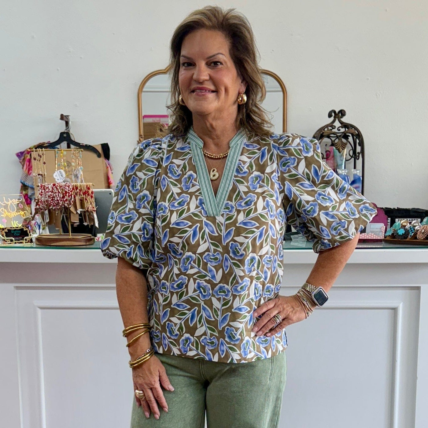 Botanical Print Top - Olive Shabby Chic Boutique and Tanning Salon