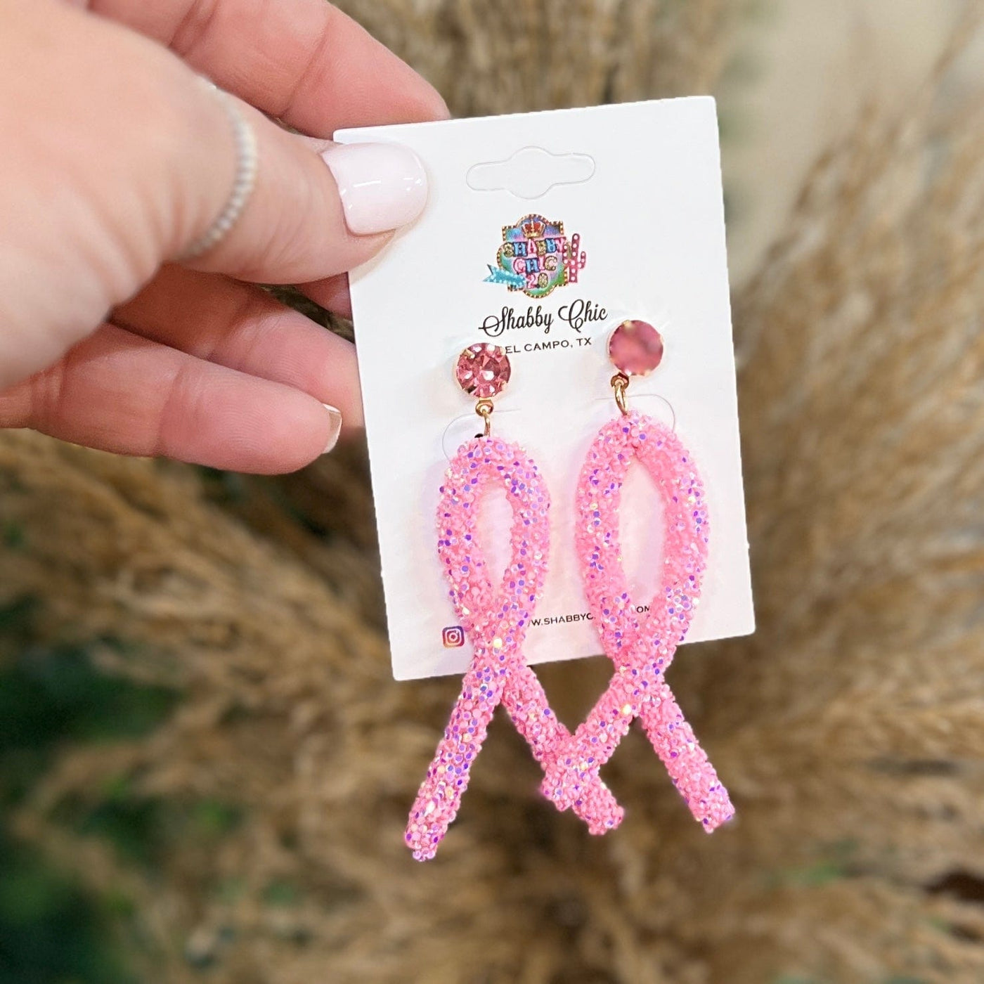 Breast Cancer Awareness Earrings Shabby Chic Boutique and Tanning Salon Glitter Ribbon Earrings
