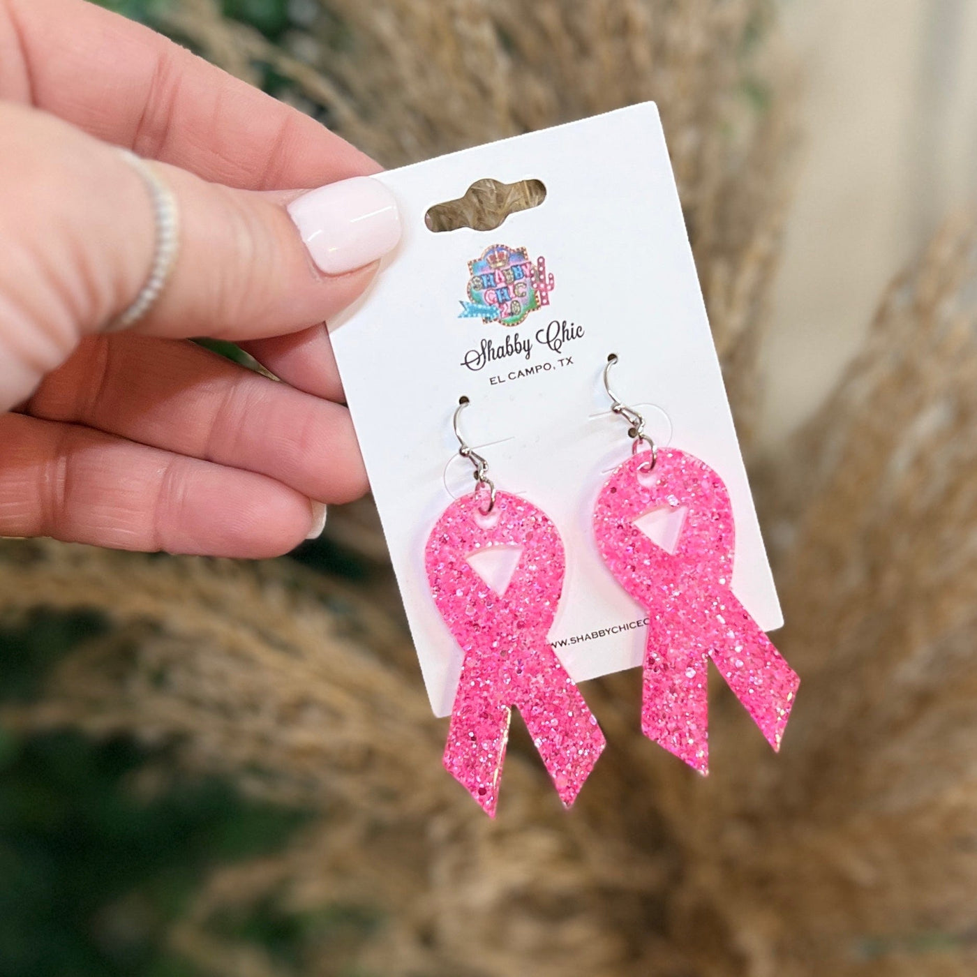 Breast Cancer Awareness Earrings Shabby Chic Boutique and Tanning Salon Hot Pink Ribbon