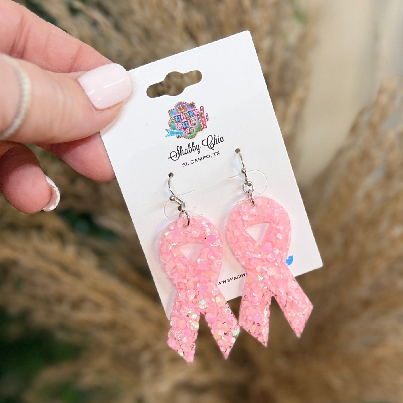 Breast Cancer Awareness Earrings Shabby Chic Boutique and Tanning Salon Light Pink Ribbon
