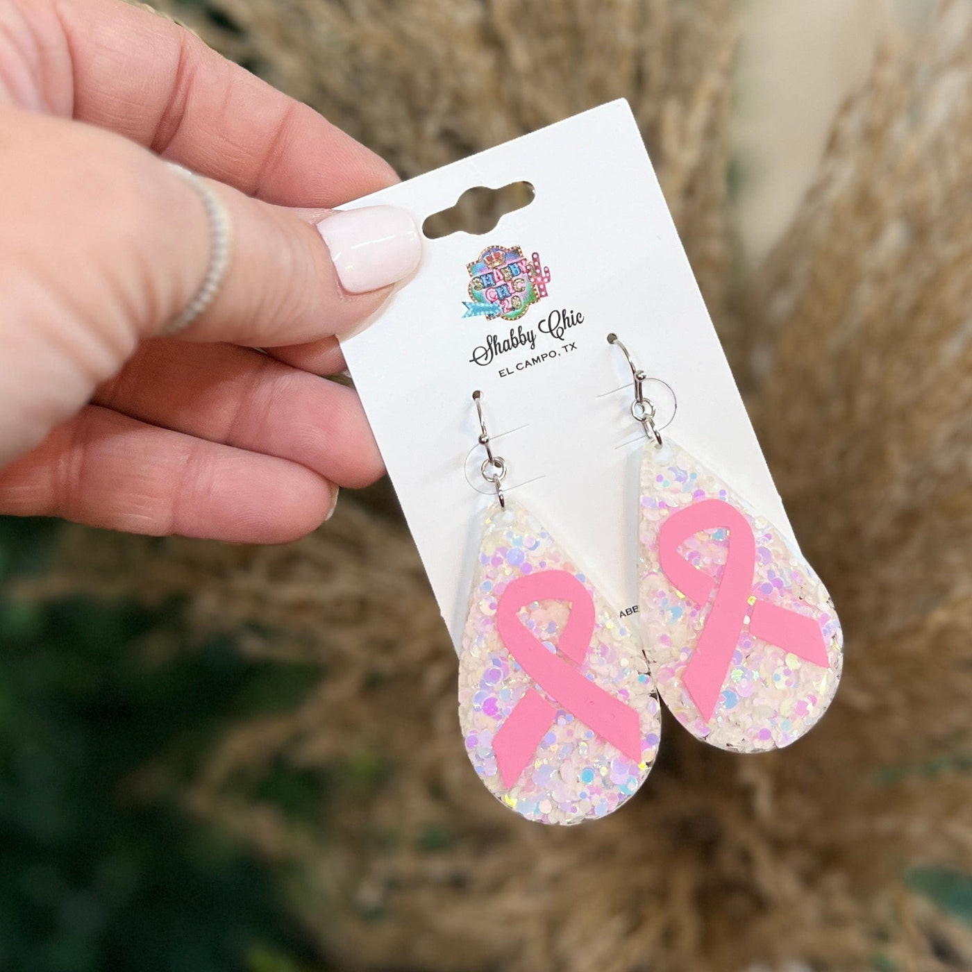 Breast Cancer Awareness Earrings Shabby Chic Boutique and Tanning Salon Teardrop With Pink Ribbon