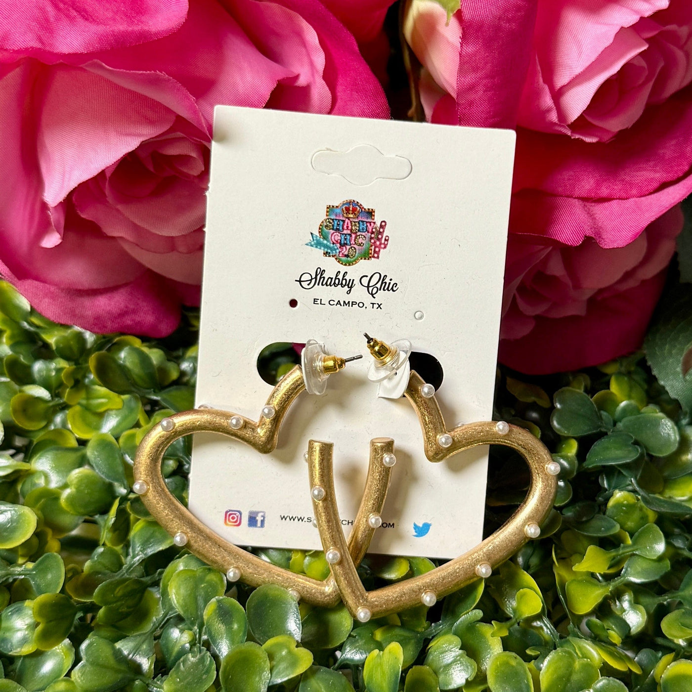 Brushed Gold Hearts with Pearl Earrings Shabby Chic Boutique and Tanning Salon