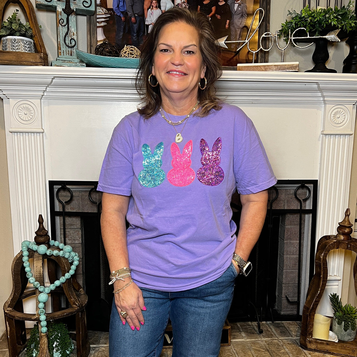 Bunny Sequin Patch Tee - Purple Shabby Chic Boutique and Tanning Salon