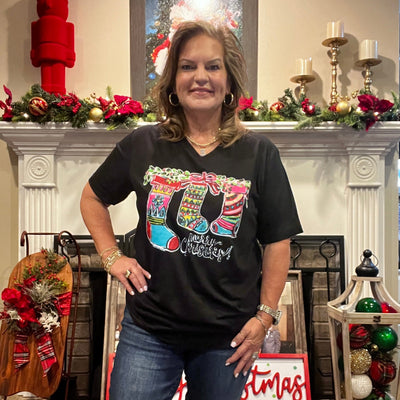 Callie Ann Stelter Merry Christmas Stockings Tee Shabby Chic Boutique and Tanning Salon