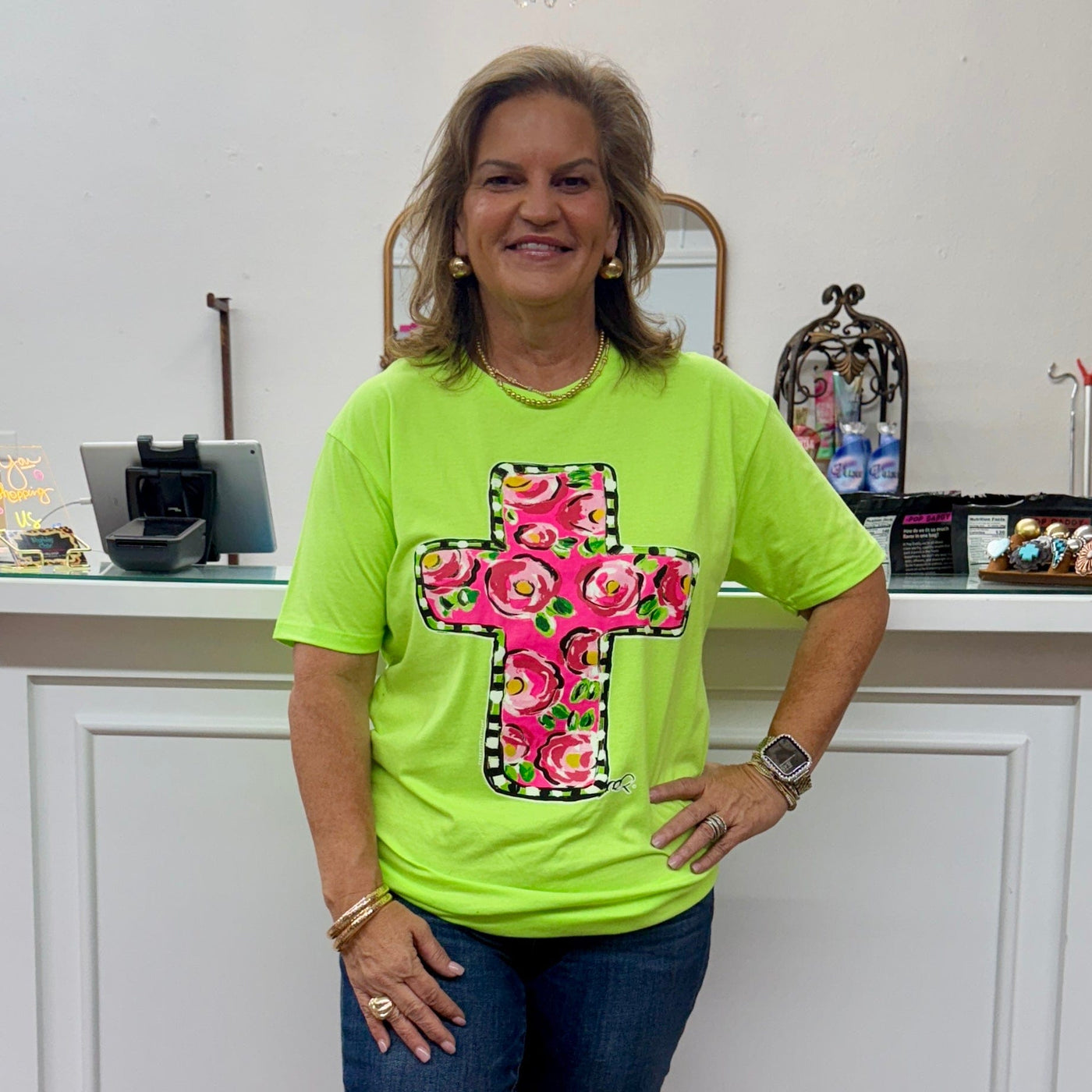 Callie Ann Stelter Pink Floral Cross Tee Shabby Chic Boutique and Tanning Salon