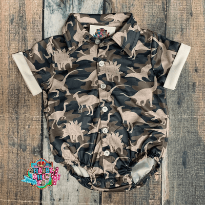 Camo Dino Onesie Shabby Chic Boutique and Tanning Salon