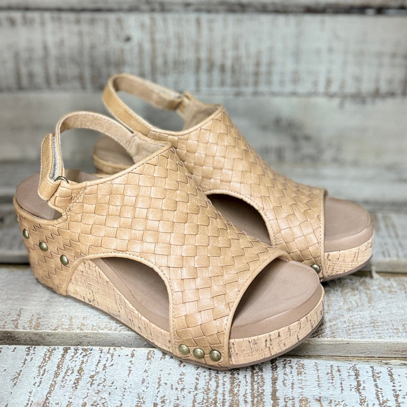 Carley Caramel Woven Wedges Shabby Chic Boutique and Tanning Salon
