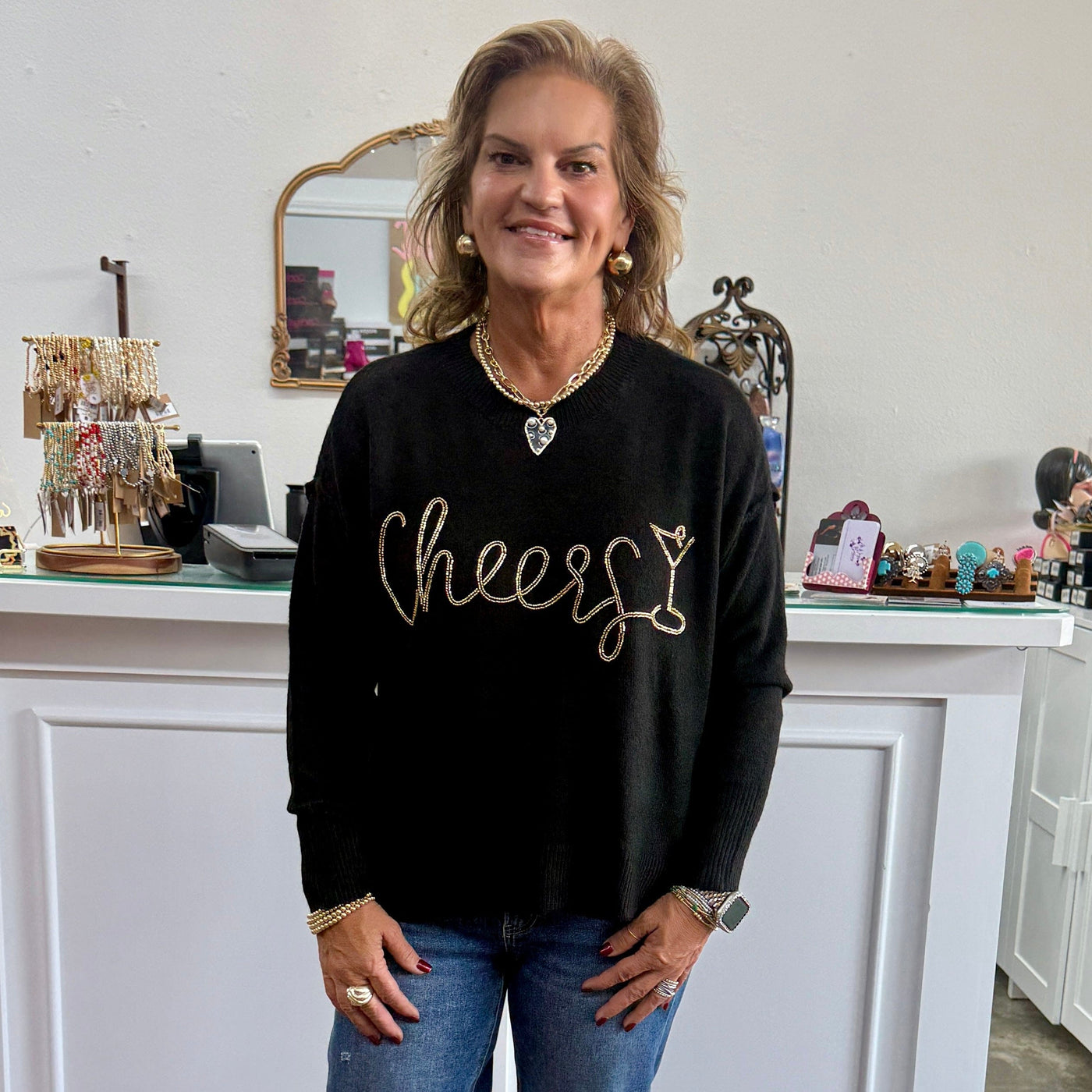 Cheers Beaded Sweater Shabby Chic Boutique and Tanning Salon