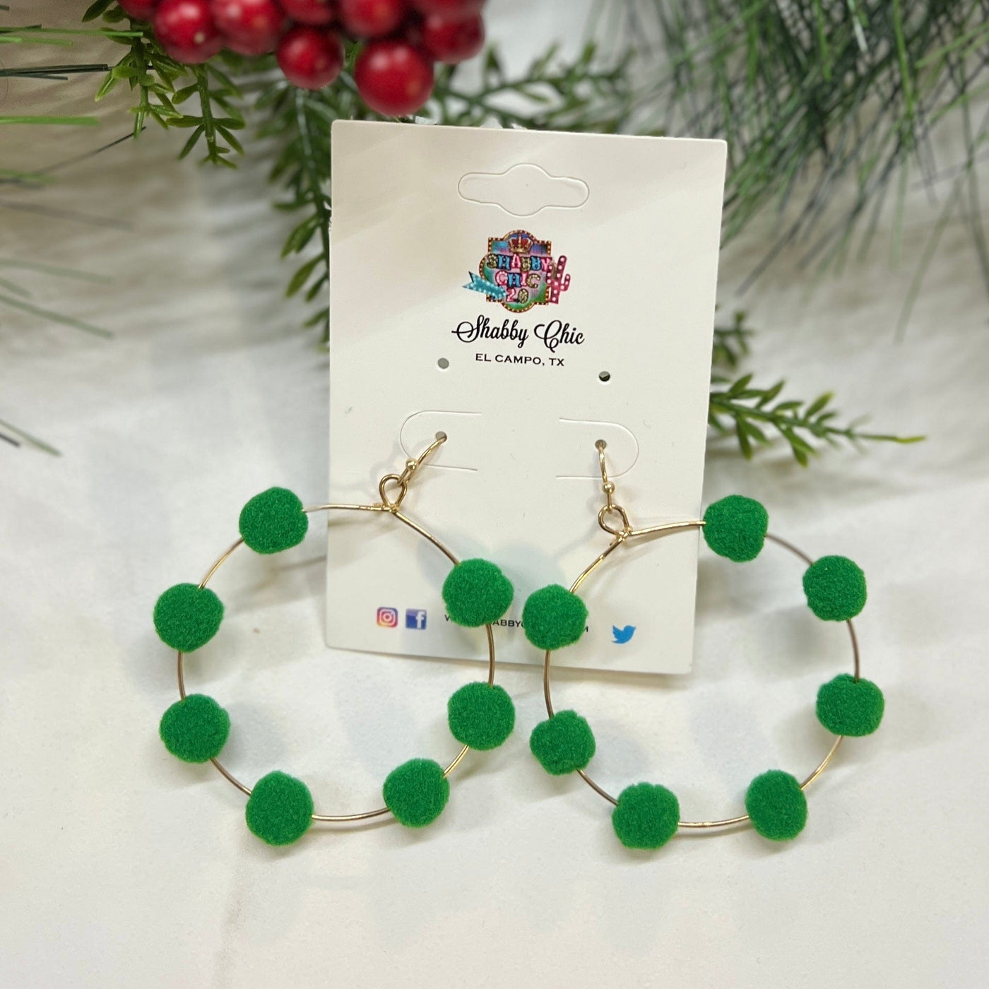 Christmas Pom Pom Earrings Shabby Chic Boutique and Tanning Salon Green