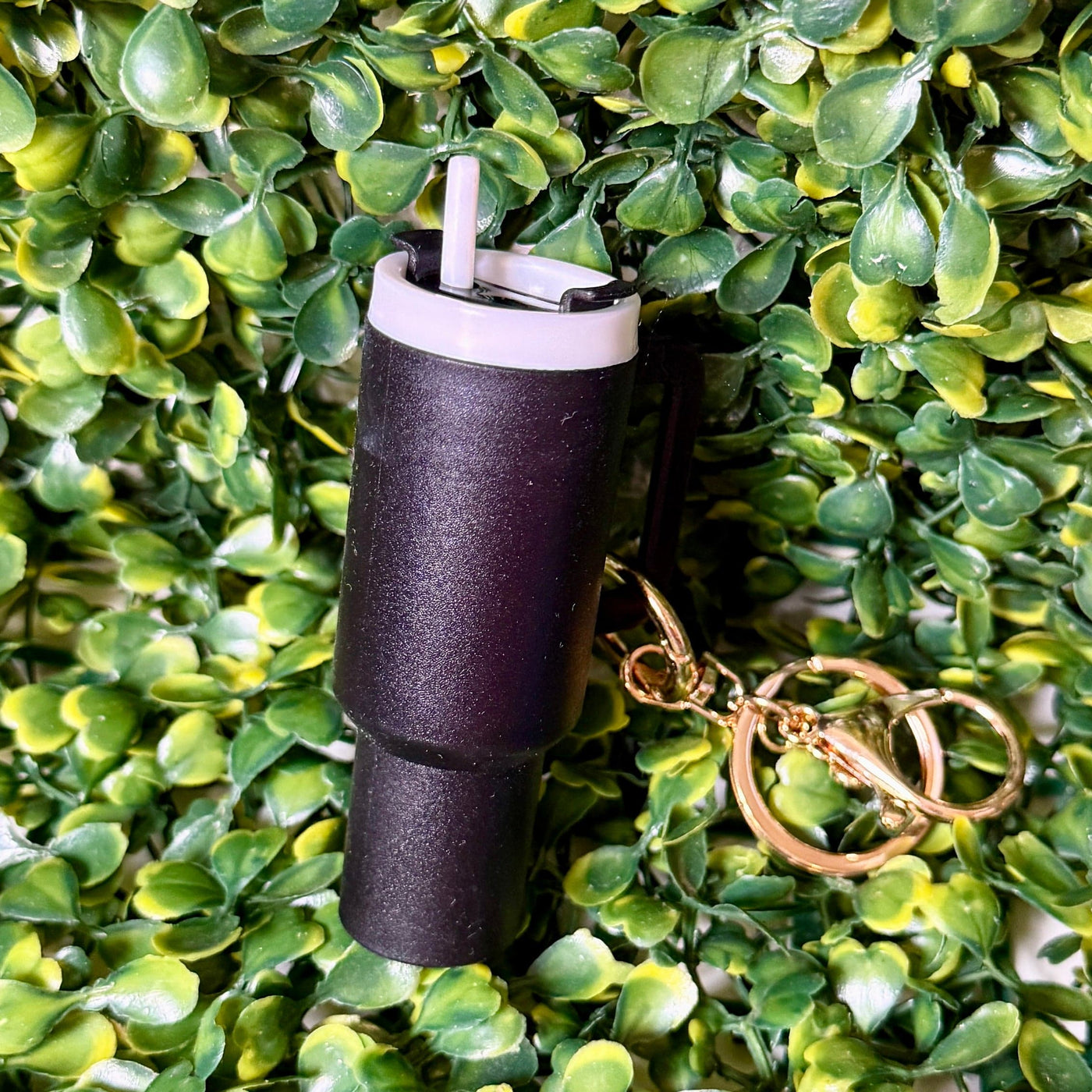 Cup Lip Balm Holder Keyring Shabby Chic Boutique and Tanning Salon Black