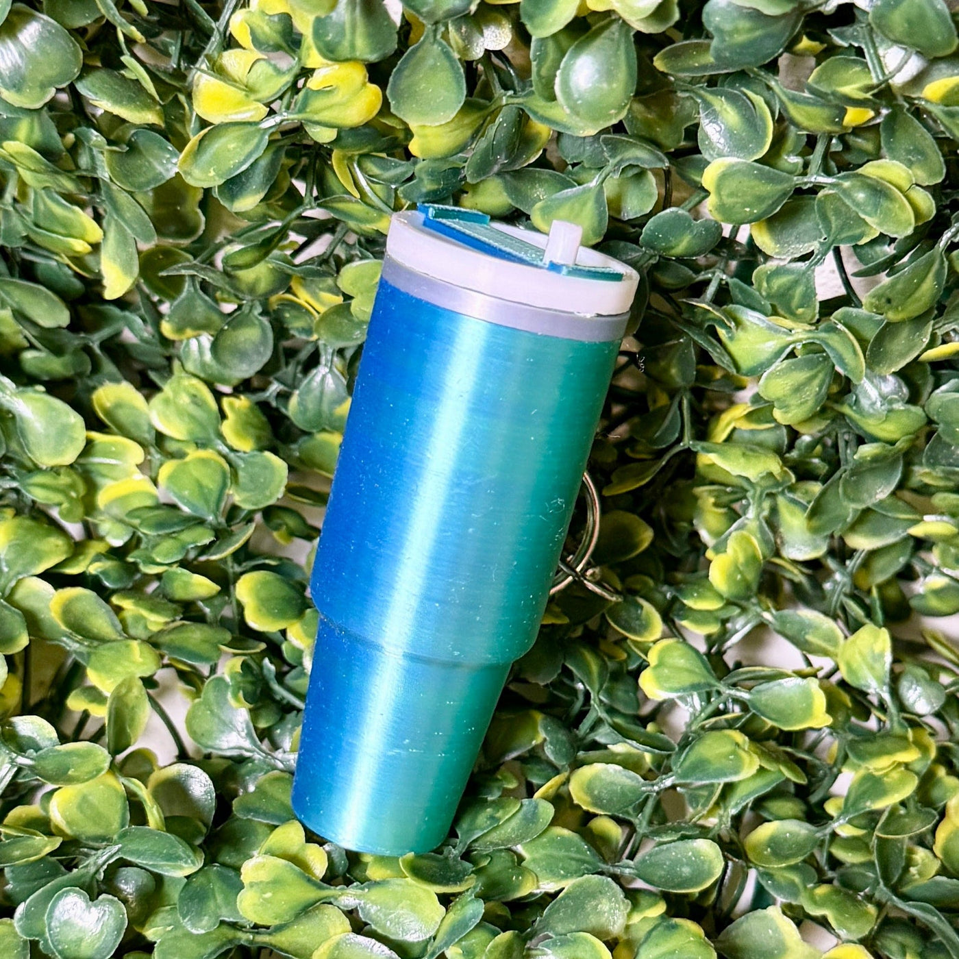 Cup Lip Balm Holder Keyring Shabby Chic Boutique and Tanning Salon Blue/Green Metallic