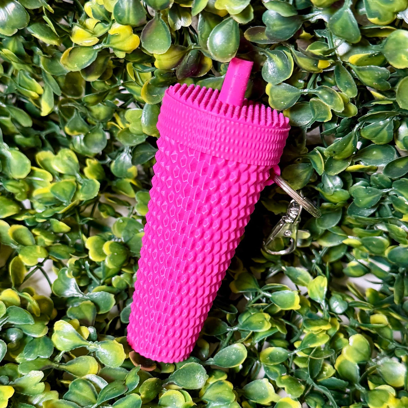 Cup Lip Balm Holder Keyring Shabby Chic Boutique and Tanning Salon Hot Pink Coffee