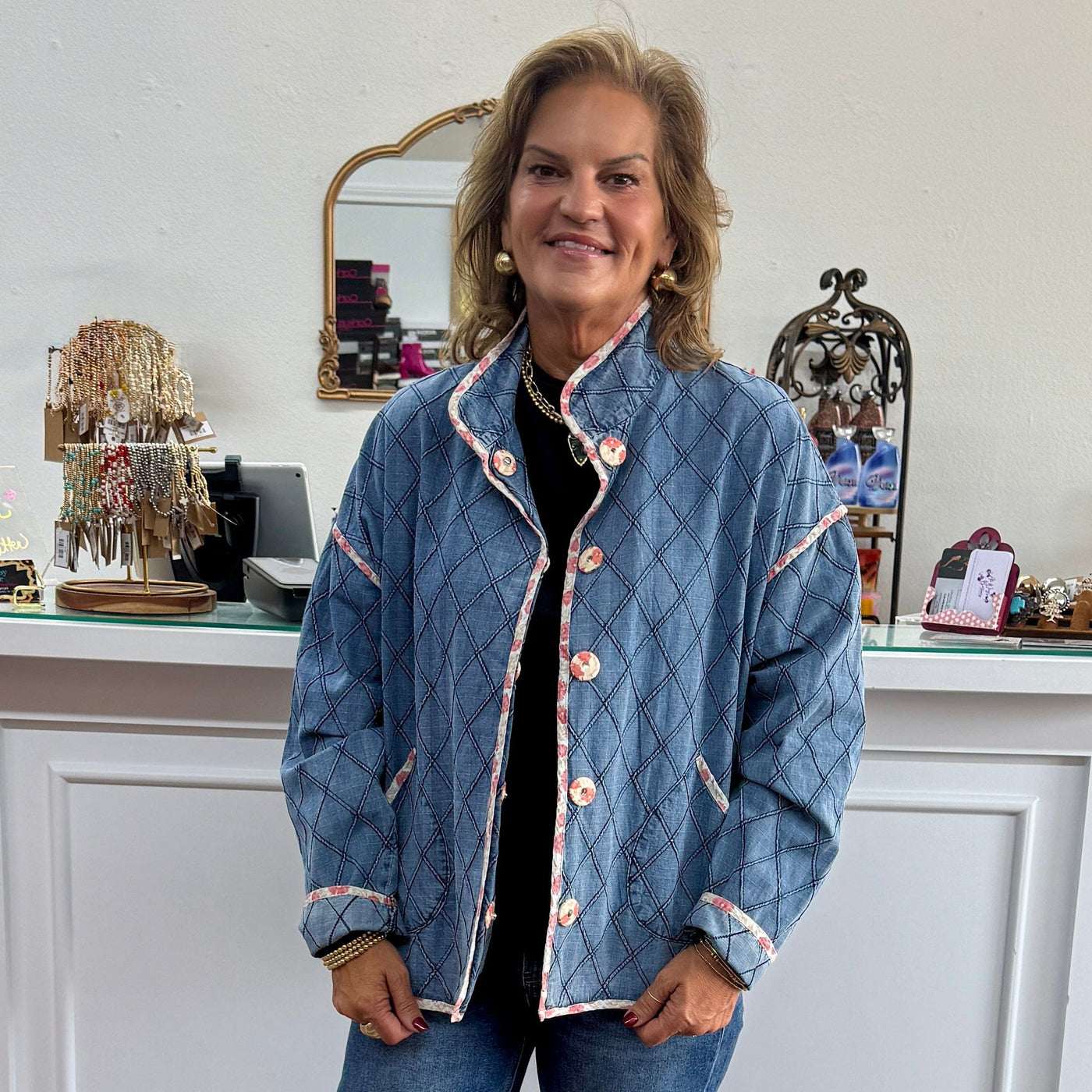 Diamond Quilted Denim Jacket Shabby Chic Boutique and Tanning Salon