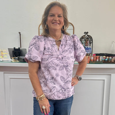 Embroidered Floral Print Top - Pink Shabby Chic Boutique and Tanning Salon
