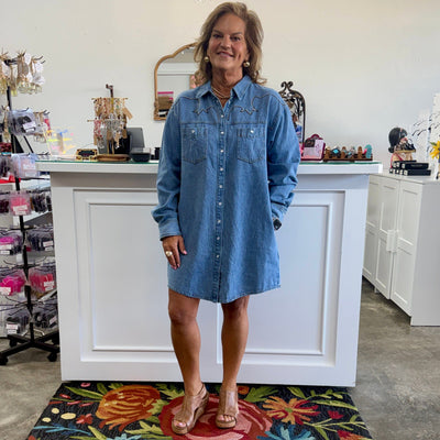 Embroidered Yoke Denim Mini Dress Shabby Chic Boutique and Tanning Salon