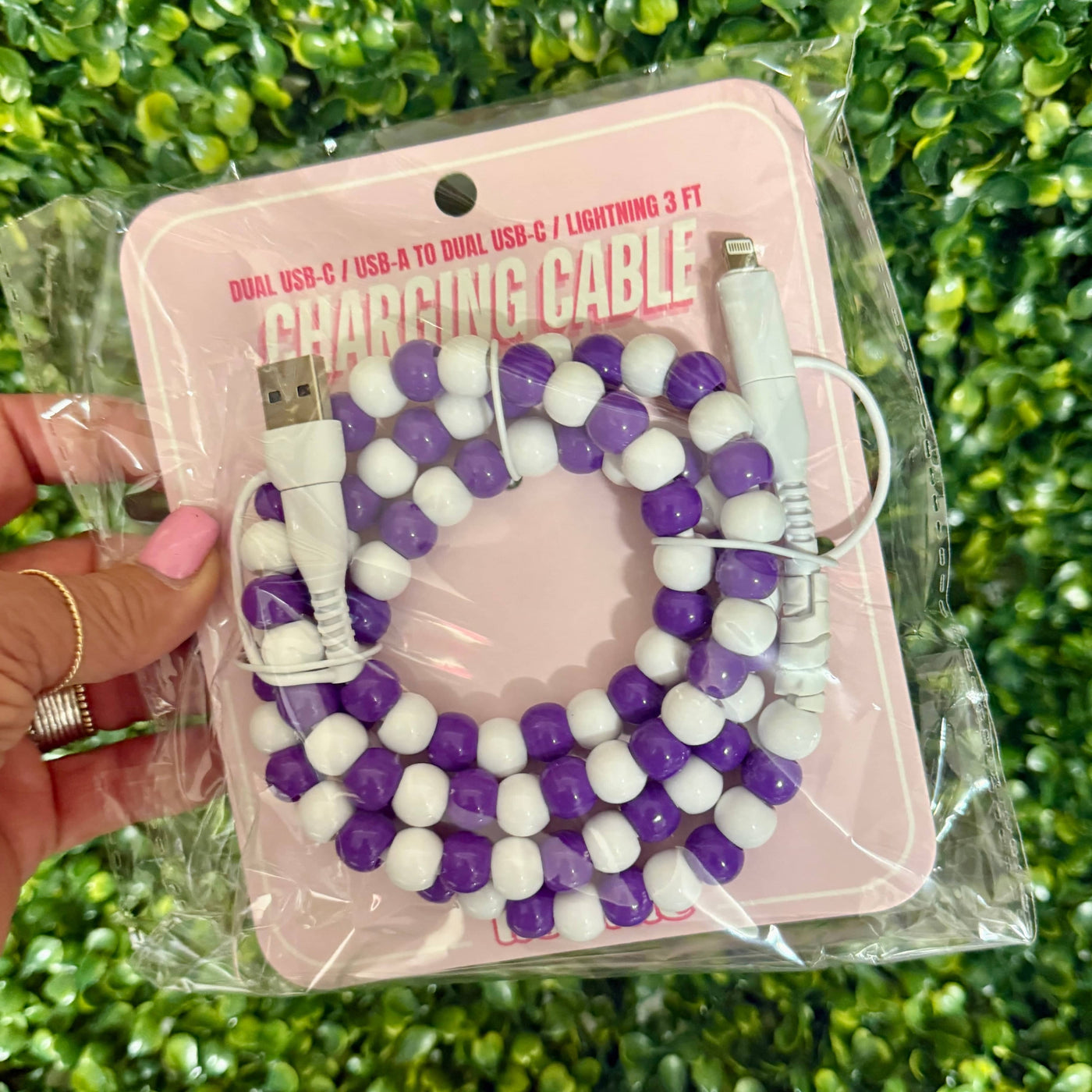 Fall 2025 Beaded Phone Chargers Shabby Chic Boutique and Tanning Salon Purple and White