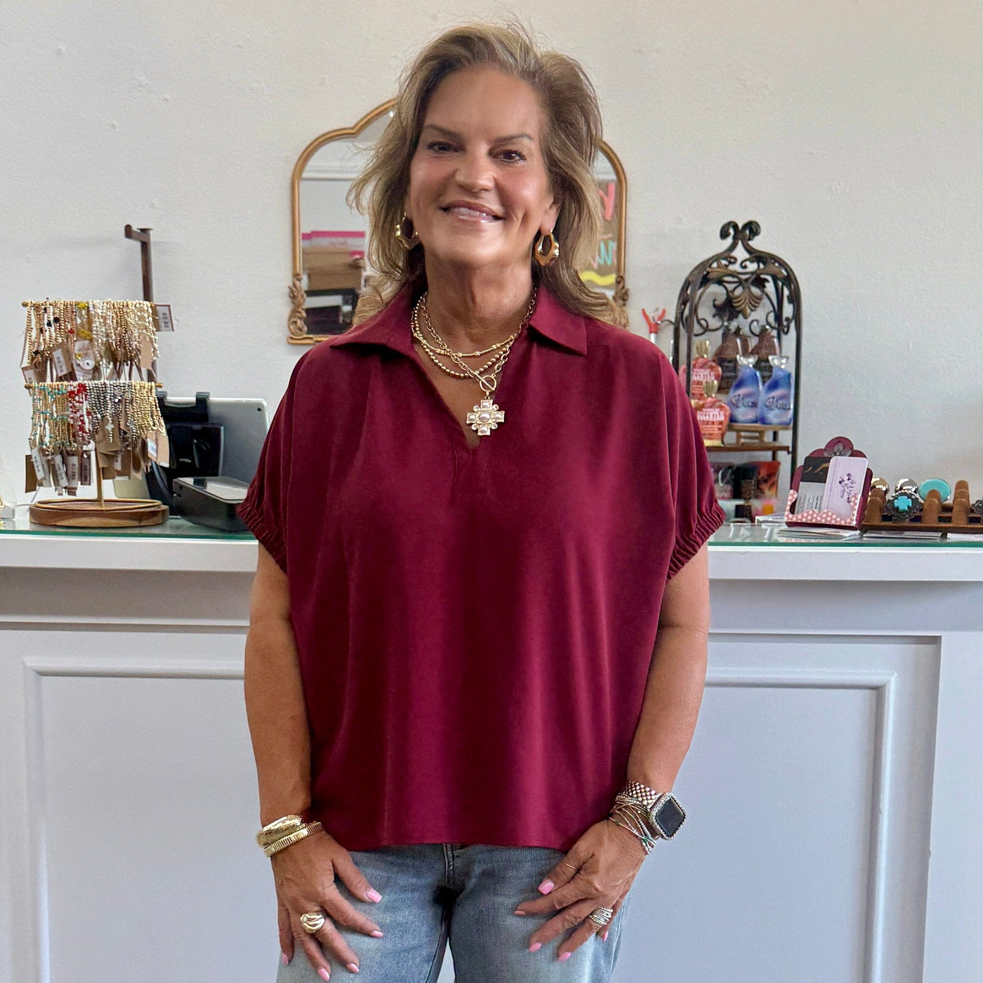 Fall Easy Wear Top - Burgandy Shabby Chic Boutique and Tanning Salon