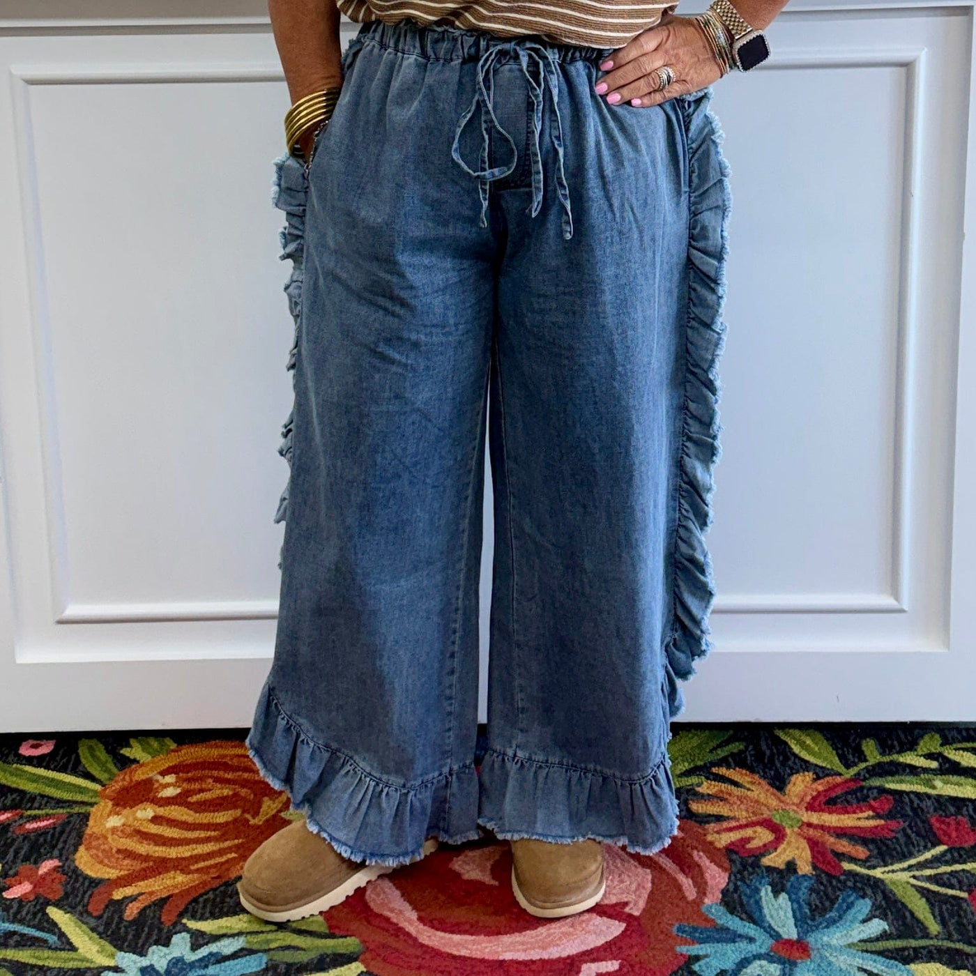 Frayed Ruffle Hem Denim Pants Shabby Chic Boutique and Tanning Salon