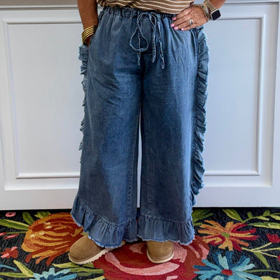 Frayed Ruffle Hem Denim Pants Shabby Chic Boutique and Tanning Salon