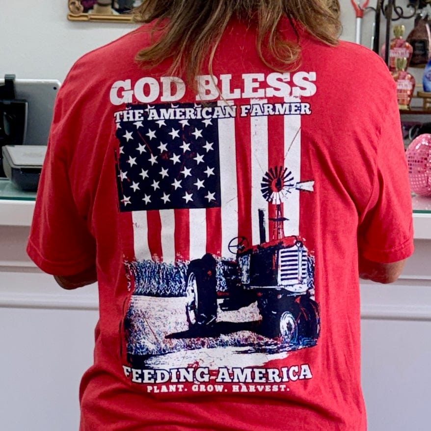 God Bless the American Farmer Red Tee by Texas True Threads Shabby Chic Boutique and Tanning Salon