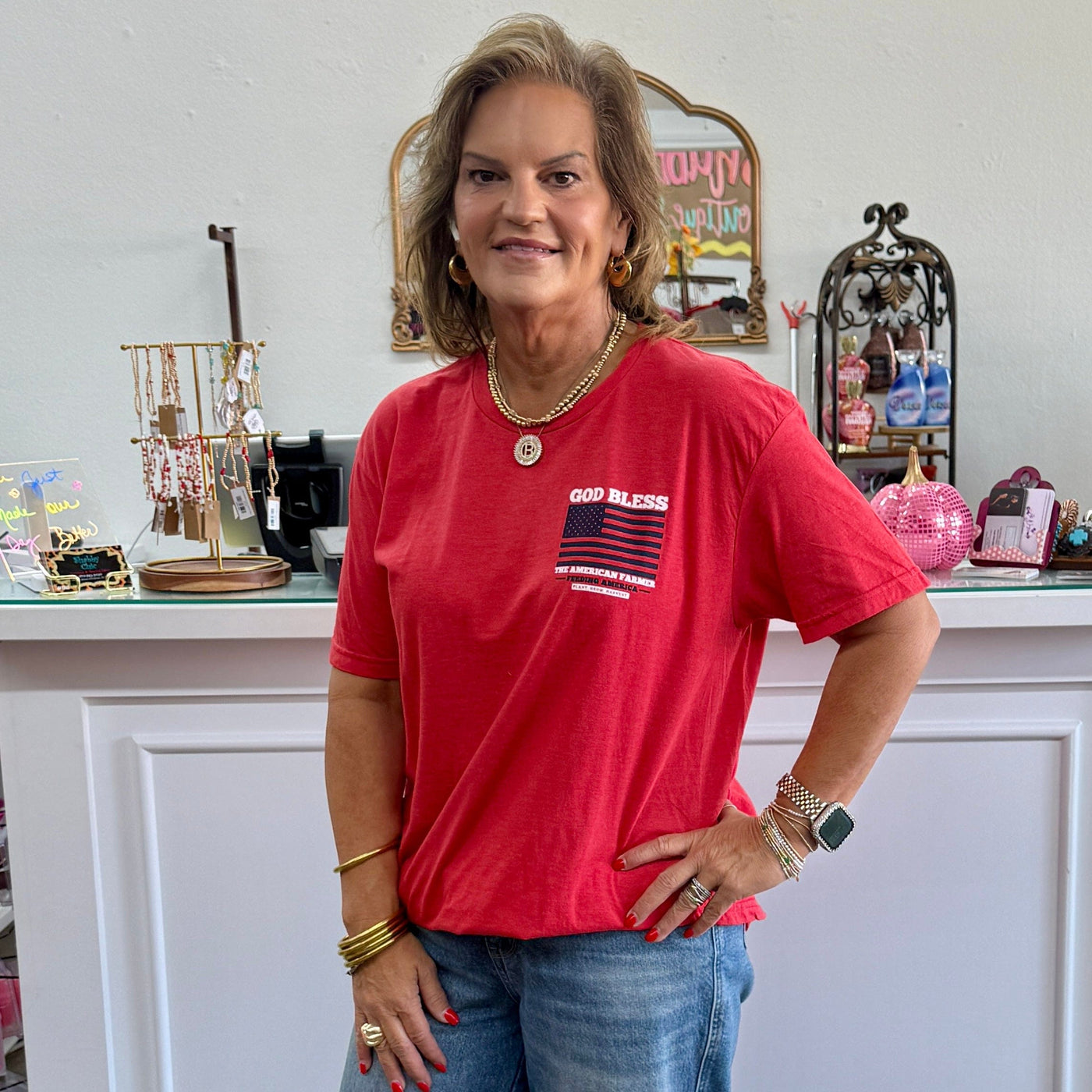 God Bless the American Farmer Red Tee by Texas True Threads Shabby Chic Boutique and Tanning Salon