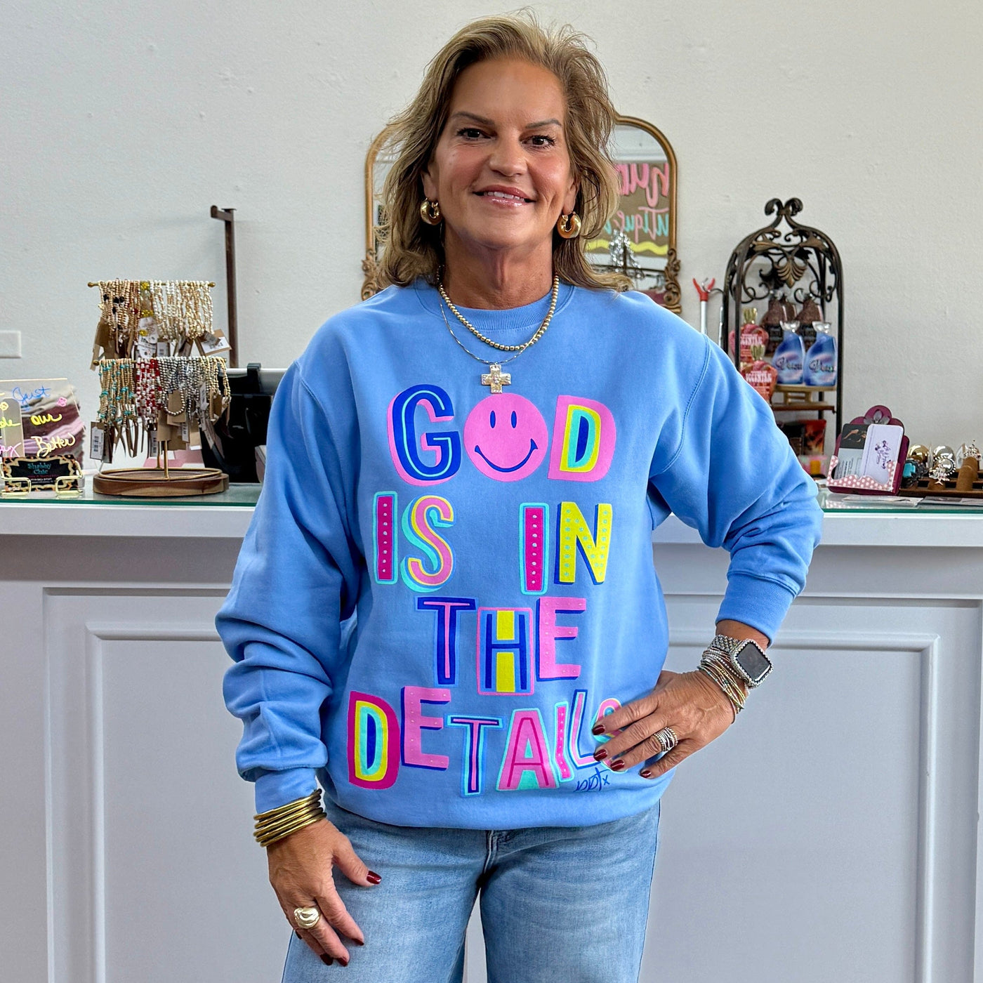 God is in the Details Sweatshirt Shabby Chic Boutique and Tanning Salon