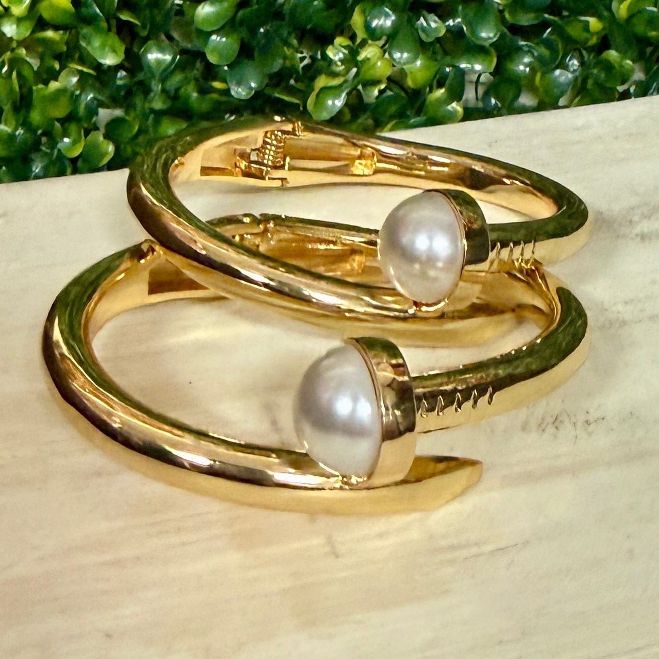 Gold Hinged Bracelet with Pearl Shabby Chic Boutique and Tanning Salon