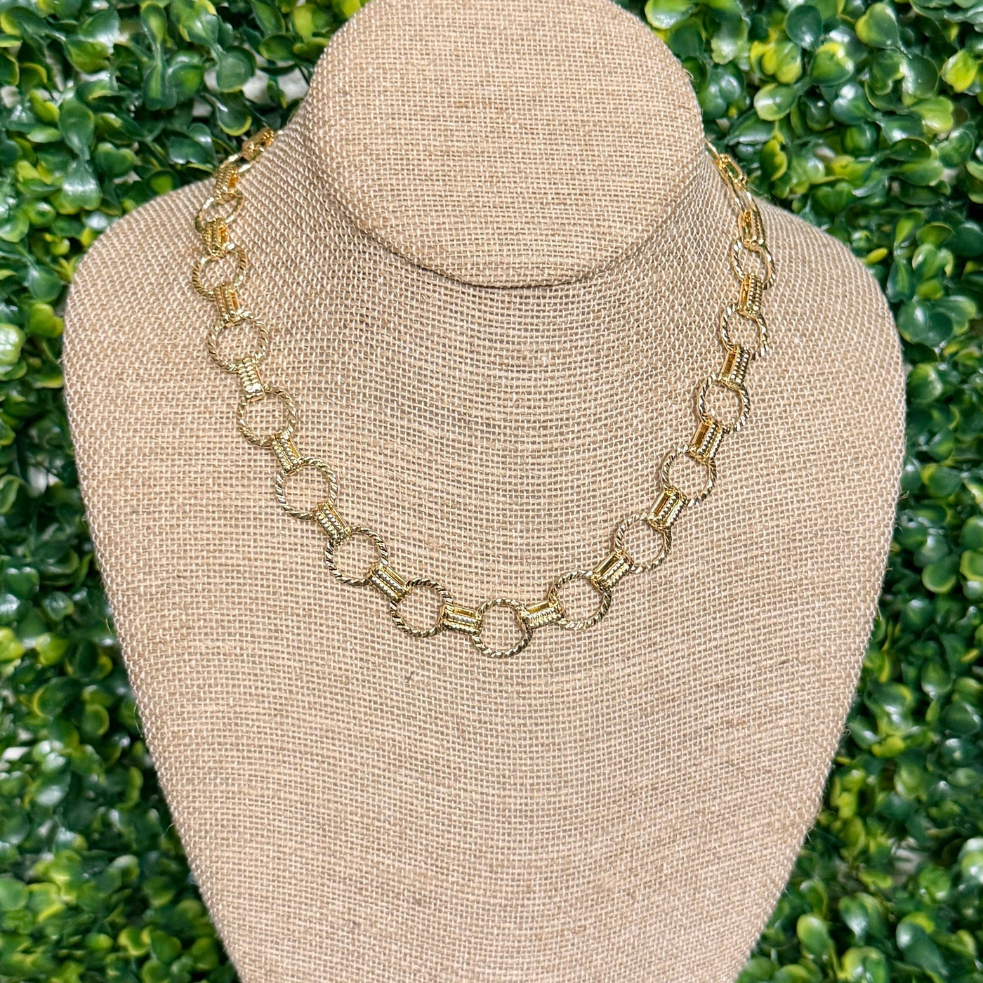 Gold Textured Circle Link Chain Necklace Shabby Chic Boutique and Tanning Salon