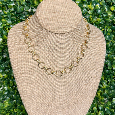 Gold Textured Circle Link Chain Necklace Shabby Chic Boutique and Tanning Salon