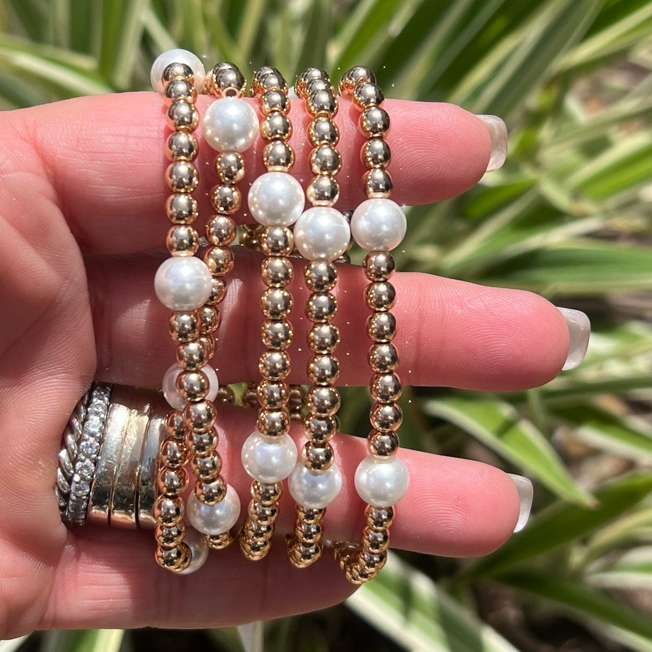 Gold with Pearls Stretch Bracelet Shabby Chic Boutique and Tanning Salon