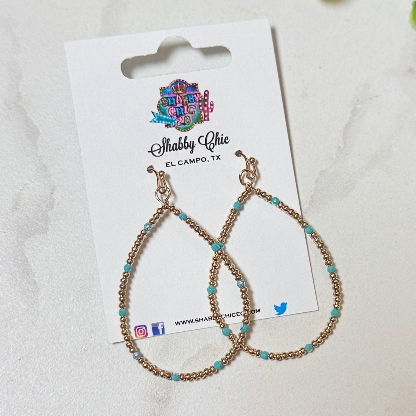 Gold with Turquoise Beaded Teardrop Earrings Shabby Chic Boutique and Tanning Salon