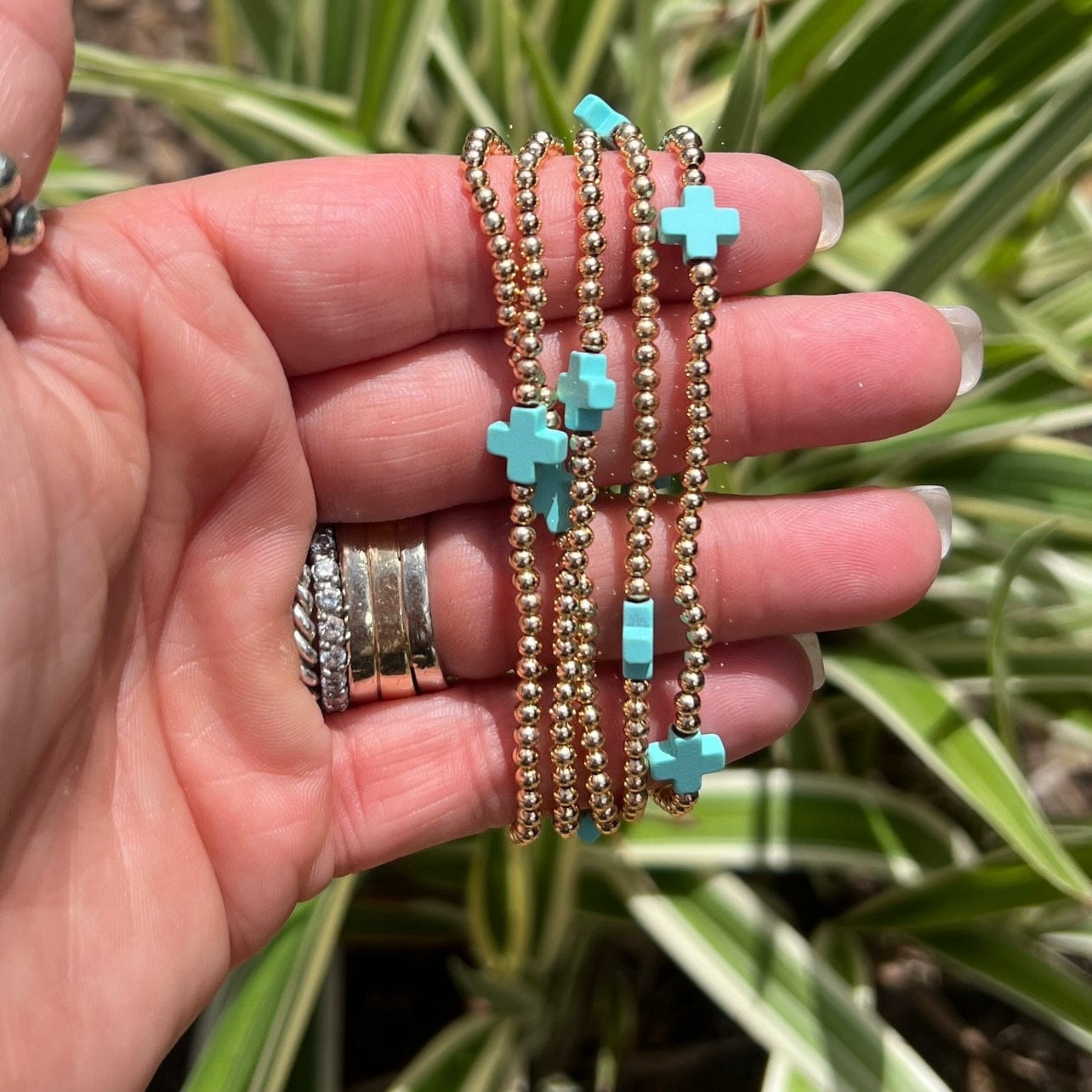 Gold with Turquoise Cross Stretch Bracelet Shabby Chic Boutique and Tanning Salon