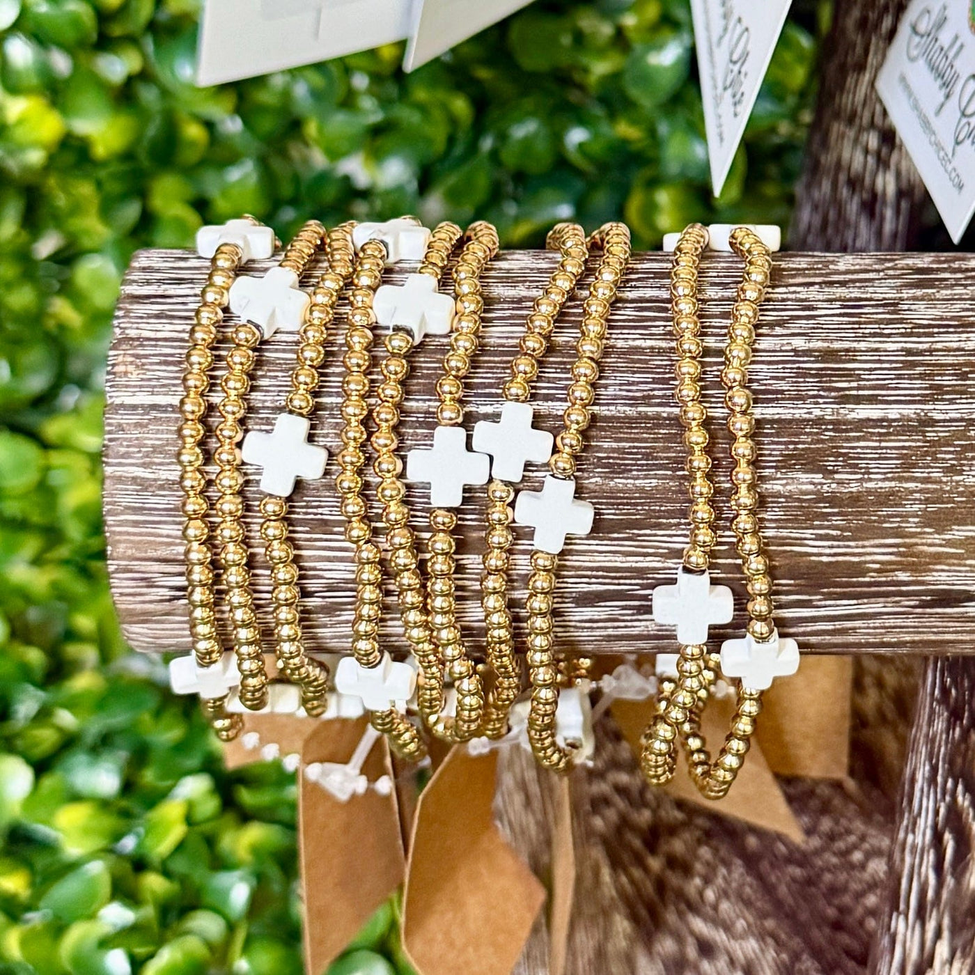 Gold with White Cross Stretch Bracelet Shabby Chic Boutique and Tanning Salon