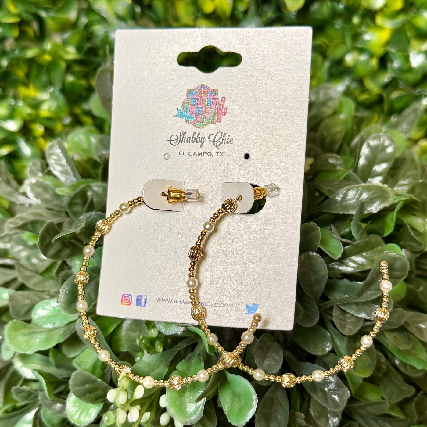 Goldtone Pearl Beaded Hoop Earrings Shabby Chic Boutique and Tanning Salon