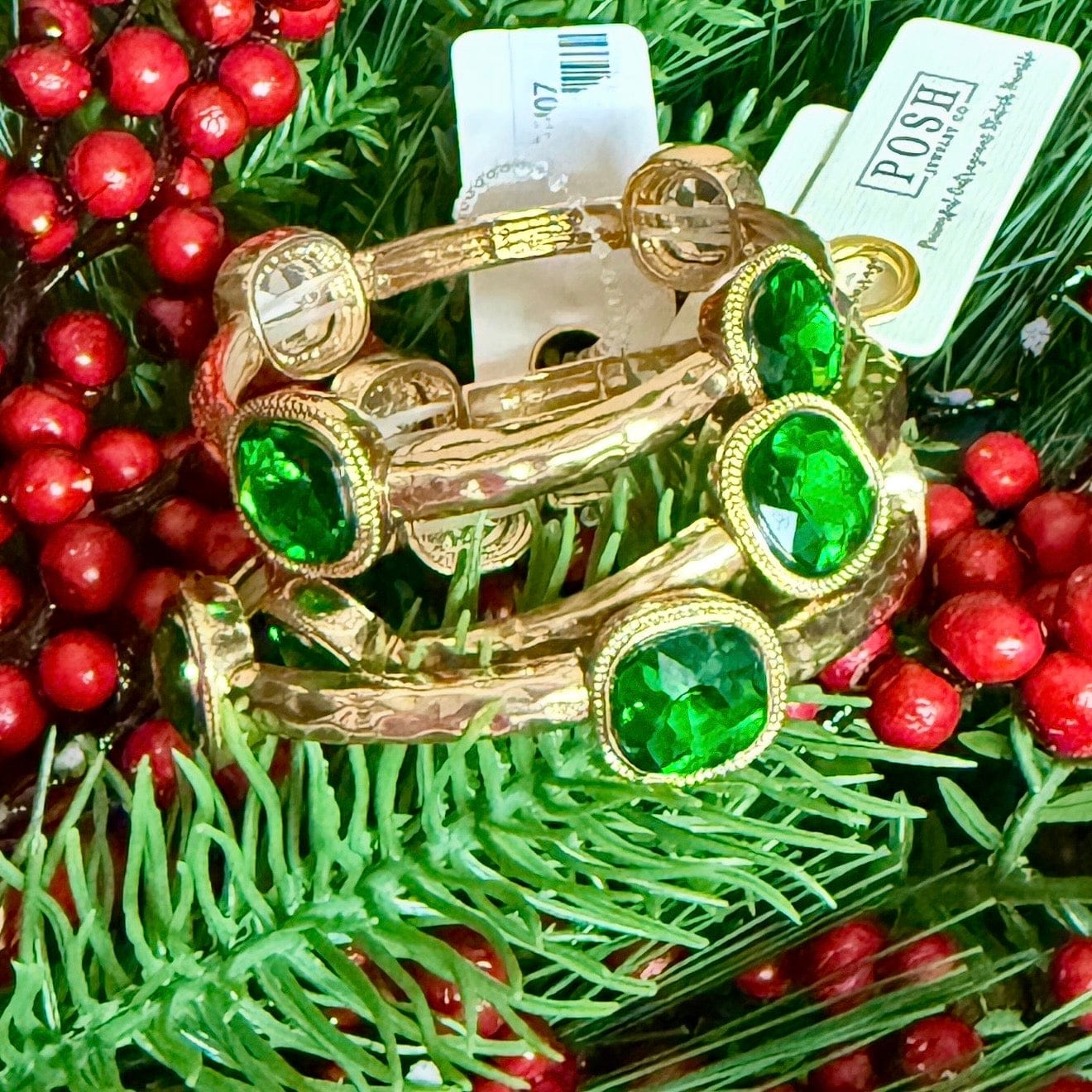 Goldtone Stretch Bracelet with Green Stones Shabby Chic Boutique and Tanning Salon