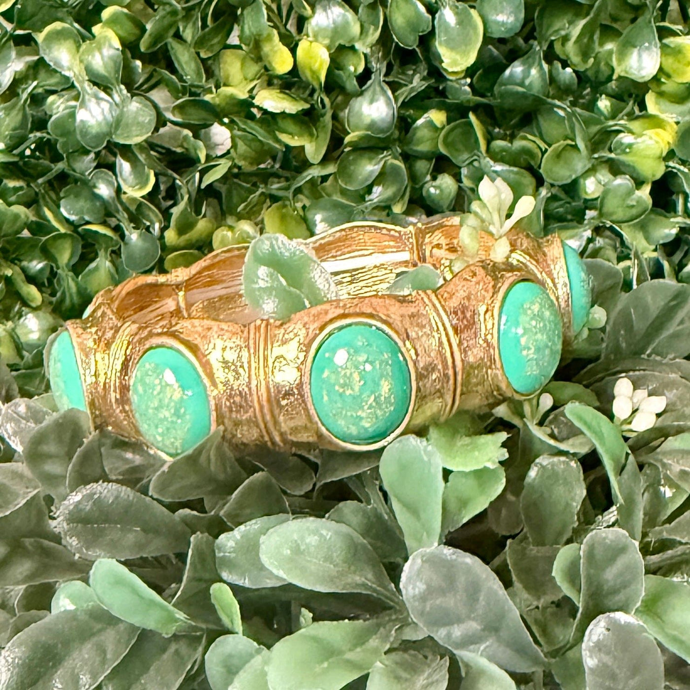 Goldtone Stretch Bracelets - Green Faux Turquoise Shabby Chic Boutique and Tanning Salon