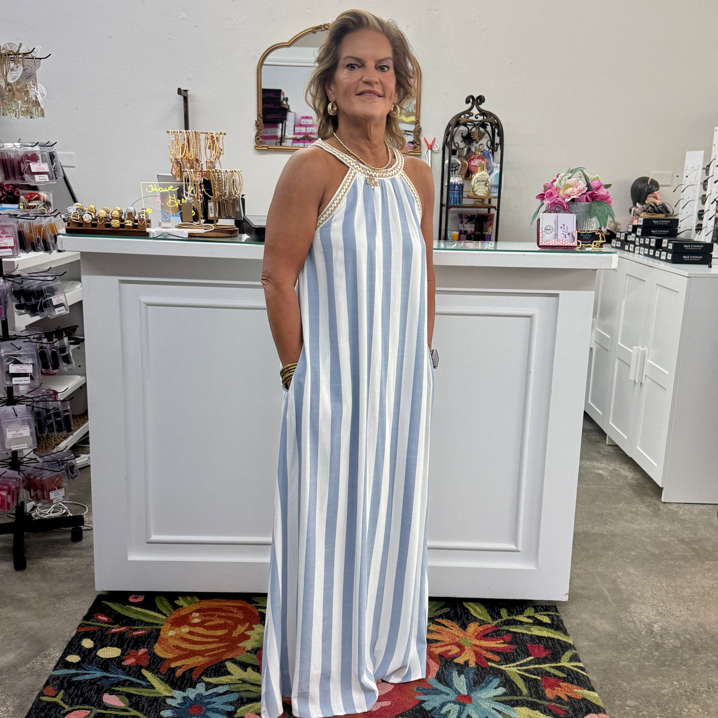 Halter Neck With Trim Stripe Woven A Line Maxi Dress With Pockets - Na Shabby Chic Boutique and Tanning Salon Halter Neck With Trim Stripe Woven A Line Maxi Dress With Pockets - Na Shabby Chic Boutique and Tanning Salon