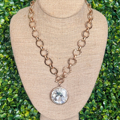 Hammered Goldtone Circle Chain with Large Clear Stone Shabby Chic Boutique and Tanning Salon