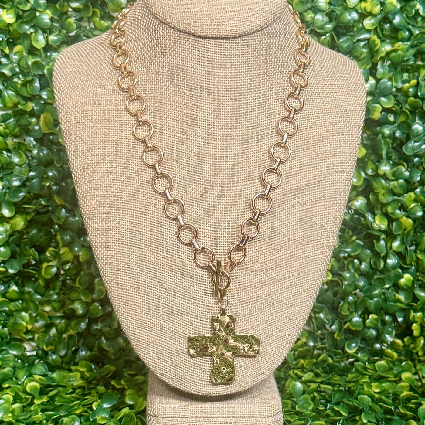 Hammered Matte Metal Cross Pendant Chunky Chain Toggle Necklace - Gold Shabby Chic Boutique and Tanning Salon